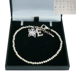 Butterfly Bracelet with Letter Charm and Silver Beads, Sizes for Women & Girls. - Picture 1 of 6