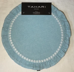 TAHARI ROUND PLACEMATS (4) BLUE WHITE FLOWERS 15 INCH 100% COTTON NIP - Picture 1 of 2