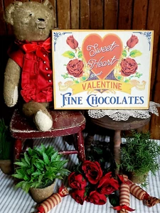 SHABBY PRIMITIVE ANTIQUE VINTAGE VICTORIAN STYLE VALENTINE SWEET CHOCOLATES SIGN - Picture 1 of 13