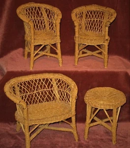 ANTIQUE/VINTAGE RARE WICKER RATTAN 4-PC DOLL FURNITURE PORCH SET ORIGINAL FINISH - Picture 1 of 12