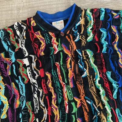Vintage COOGI Sweater Mens Size M Black Colorful 3D Cotton Pullover Henley GUC - Image 1 of 4