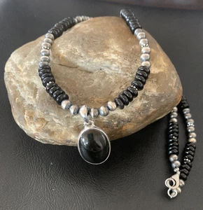 Collar de cuentas de plata esterlina navajo colgante de ónix negro para hombre 11905 - Imagen 1 de 12