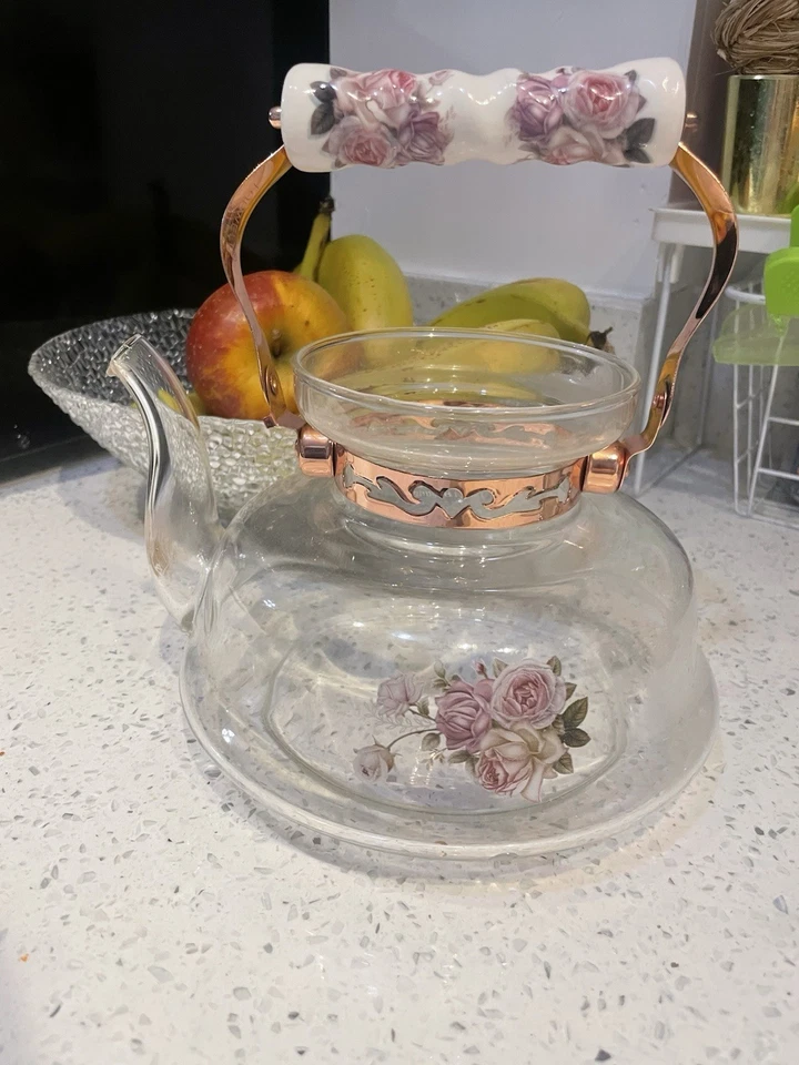 EuropeWare Pastel Flowers European Style Glass Stovetop Tea Kettle. AS IS - Image 1 of 4