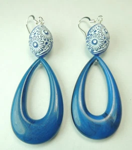 Vintage Blue German Hoop Earrings with Resin Etched Beads Handmade Jewelry - Picture 1 of 1