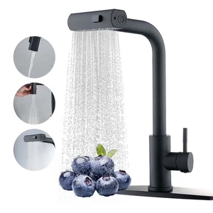Black Pull-Down Kitchen Faucet with Waterfall Spray, Stainless Steel Utility Sin - Picture 1 of 12