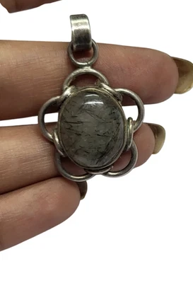 Donna 925 Pendente Argento con Naturale Grigio Rutilato Quarzo Gemma Ovale 3.8cm - Immagine 1 di 4