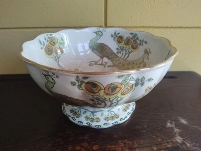 Antique Footed Fruit Bowl Peacock FURNIVALS ENGLAND 12-1/2"W - Image 1 of 4