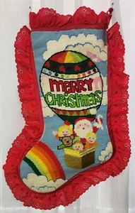 Vintage Spitze bestickt Nadelspitze Santa Heißluftballon Weihnachten Strumpf - Bild 1 von 8