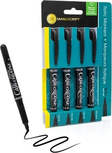 4 MANUSCRIPT CALLI CREATIVE BLACK ITALIC CALLIGRAPHY MARKER PENS ASSORTED NIBS - Picture 1 of 3