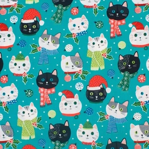 100% Cotton Fabric, Northcott Santa Paws - Cat Faces Christmas Xmas Teal - Picture 1 of 6