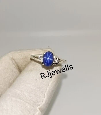Vintage Oval Blue Star Sapphire Half Bezel Set Ring Lab Grown Gem Ring For Women - Image 1 of 3
