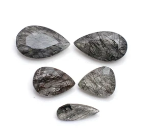 Lotto 5 pezzi quarzo rutilato nero naturale sfaccettato pera pietra preziosa sfusa ~ POLISHED - Foto 1 di 6
