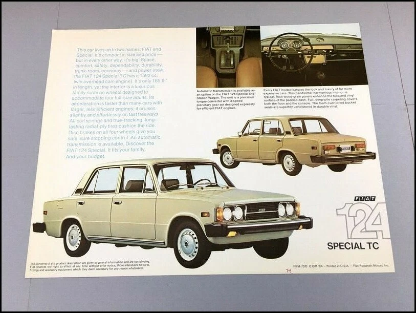 1974 Fiat 124 Special TC Original 1-page Car Brochure Card Foto 1 de 2