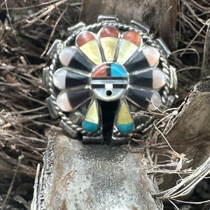 Vintage Zuni Sun Surface Headdress Sterling Silver Inlay Brooch - Picture 1 of 9