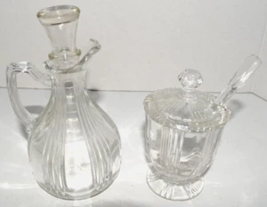 Fostoria Sunray Clear Crystal Oil Cruet & Stopper & Jelly/Condiment Jar w/ Spoon - Picture 1 of 8
