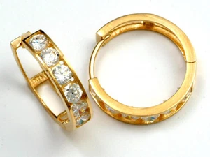 14K Solid yellow Gold Huggie Hoop Earrings 3-3y Cubic Zirconia - Picture 1 of 1
