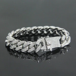 12MM Mens Miami Cuban Link Chain Bracelet Iced Crystal Hip Hop Bangle Silver 7" - Picture 1 of 2