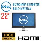 Grade A Dell 22" LED UltraSharp IPS Monitor FHD Webcam Microphone USB 3.0 HDMI