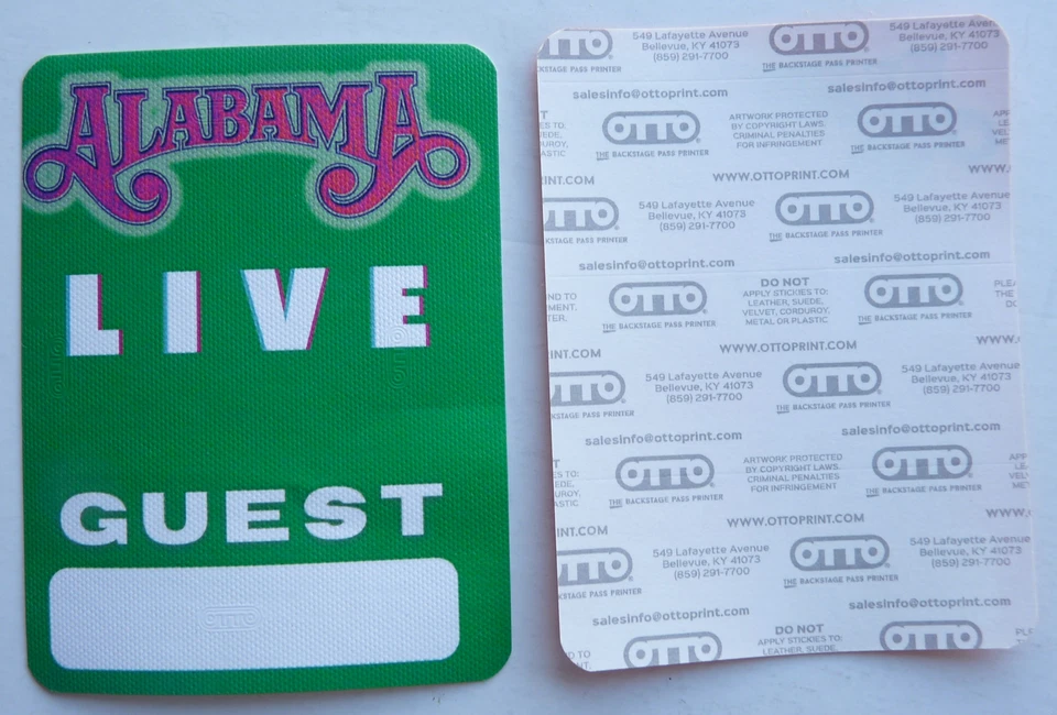 Alabama LIVE Concert Tour Green Guest Backstage Pass D30 - Image 1 of 1