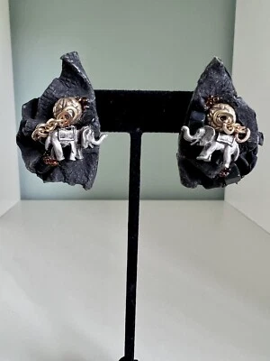 Lightweight Black Pewter & Gold Elephant Post Earrings  - Image 1 of 4