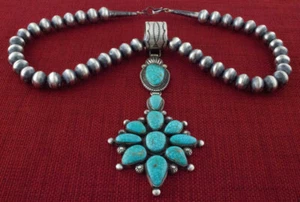 Silver Bead Necklace With Natural Birdseye Kingman Turquoise Cluster Pendant - Picture 1 of 4