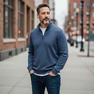 Van Heusen Mens Quarter Zip Sweater Blue Pullover Cotton Mens Large - Picture 1 of 4