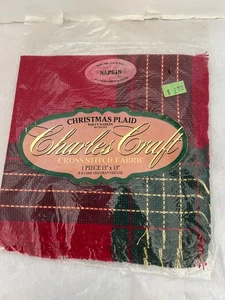 Charles Craft Christmas Plaid Cross Stitch Fabric Placemat Napkin Set Green Red - Picture 1 of 1
