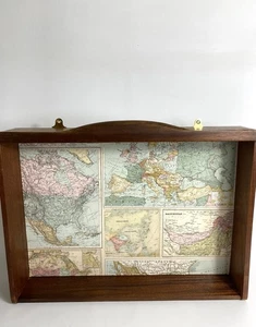 Vintage Wall Shelf - Curiosity Cabinet Shelf With World Map Inlay - Upcycled 19” - Picture 1 of 13