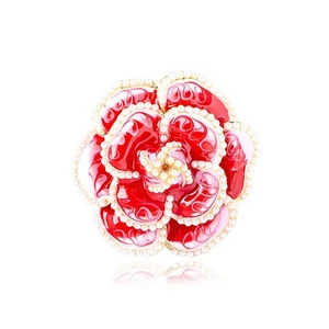 Enamel Camellia Pearl Brooch, Elegant Petal Pin, Wedding Party Gift, Women - Picture 1 of 3