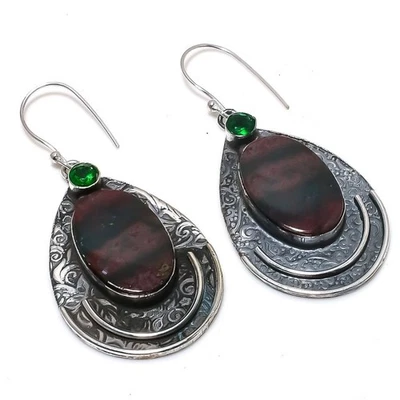 Bloodstone, Diopside Gemstone 925 Sterling Silver Jewelry Earring 2.52" K773 - Image 1 of 2
