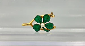 Wishbone 4 Blatt Kleeblatt Kunstperlen goldfarben Metall Brosche Anstecknadel - Bild 1 von 8