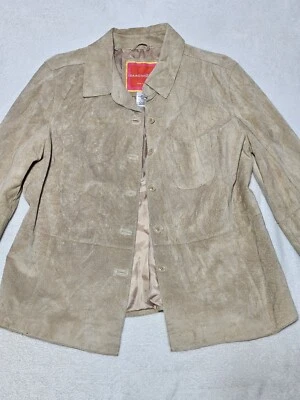 Chaqueta Isaac Mizrahi Mujer Grande Marrón Tostado Cuero Genuino Gamuza Botón Chaqueta Foto 1 de 4