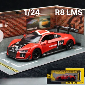Modellino auto in metallo da corsa 1:24 pressofuso Audi R8 LMS giocattolo tirare indietro luce regalo per bambino - Foto 1 di 12