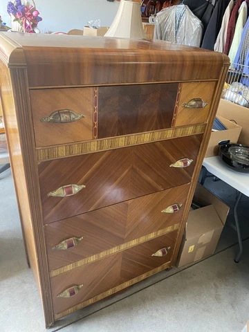 Art Deco Waterfall Highboy Dresser  Beautiful Wood Design *Needs A Little TLC Cover