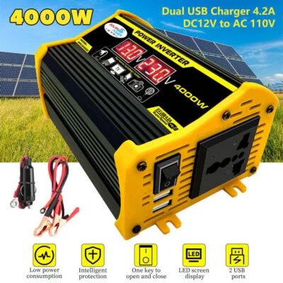 4000W Power Inverter DC 12V to AC 110V  Car Sine Wave Converter Dual USB - Image 1 of 4