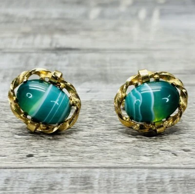 Vintage Dante Green Banded Agate Stone Cuff Links - Image 1 of 4