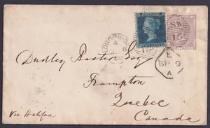 1858 6d Pale Lilac SG70 + 2d Blue SG34 Pl 5 EL Westminster Broadway to Quebec - Bild 1 von 1