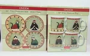 Set Of 8 Oneida Christmas Cats Stoneware Salad Dessert Plates Mugs NIB - Picture 1 of 2