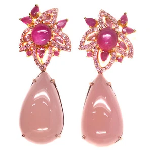 Natural 20 X 33 mm. Pink-Chalcedony Ruby Sapphire Earrings 925 Silver Sterling - Picture 1 of 6