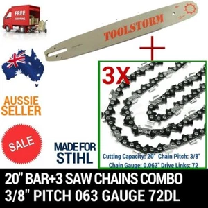 20" BAR AND 3 CHAINS COMBO SPROCKET NOSE FOR STIHL CHAINSAW NEW 3/8 72DL .63" - Picture 1 of 6