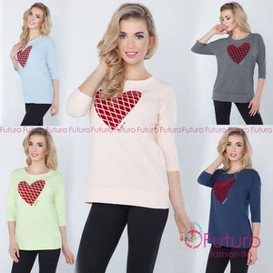Womens Jumper With Velvet Heart 3/4 Sleeve Top Blouse Sweat One Size 8-12 FT2730 - Picture 1 of 9