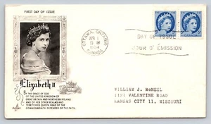 1954 Ottawa Ontario Canada coppia blu #341 Queen Elizabeth II copertina primo giorno FDC - Foto 1 di 2
