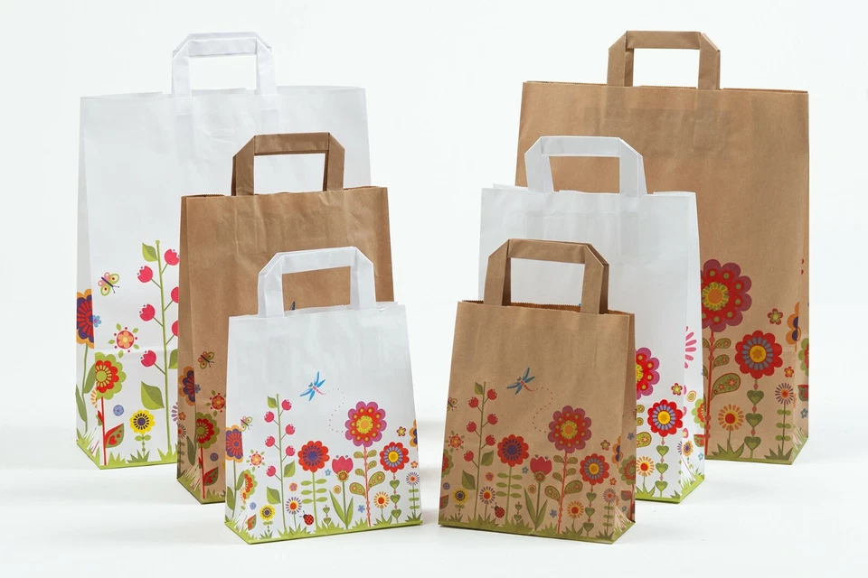 Papiertragetaschen Blumenwiese Papiertüten Tüten Tragetaschen Blumen braun weiß - Bild 1 von 1