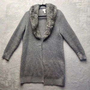 Chico’s Sweater Cardigan Women's Sz 1 Long Gray Fur Sparkle Bottom Cozy Comfort - Picture 1 of 7