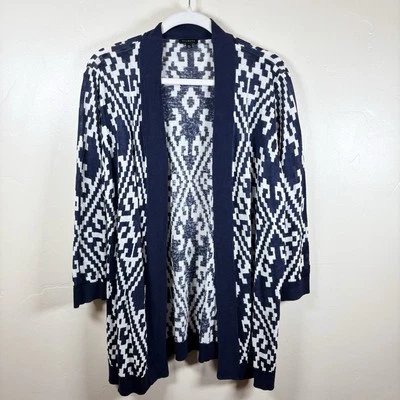 Talbots Linen Blend Cardigan Women's XL Blue White Aztec Open Front Lightweight - Image 1 of 4
