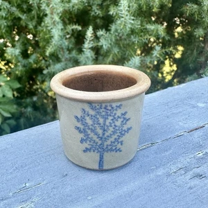 Vtg Stoneware Painted Tree Crock Toothpick Holder Blue Grey Miniature Dollhouse - Picture 1 of 4