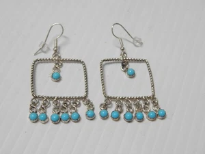 VINTAGE ZUNI PUEBLO INDIAN STERLING + petit point TURQUOISE DANGLER EARRINGS - Picture 1 of 4