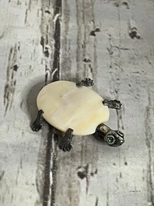 Vintage Schildkröte Brosche silberfarben grüne Strass Augen - Bild 1 von 6