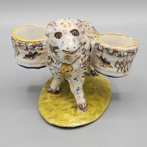 Antique 1800's French Faience Art Sheep Open Salt Cellar Hand Painted Ceramic - Picture 1 of 9