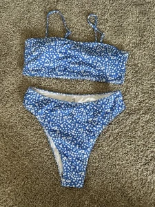 Shein Women’s 2 Piece Bikini, Blue & White Flowers, Size M, Spaghetti Strap - Picture 1 of 12